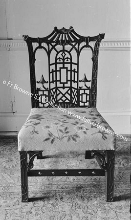 DUNSANY CASTLE  CHINEESE CHIPPENDALE CHAIR WITH EMBROIDERY BY LADY DUNSANY